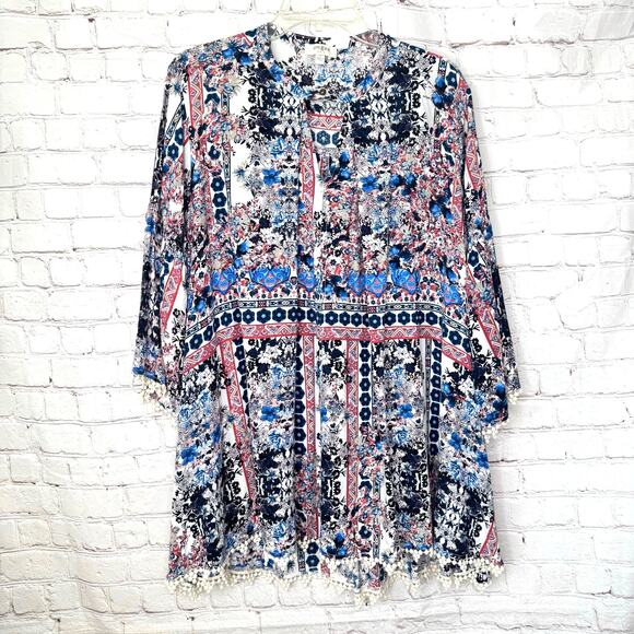 Umgee Wms M Multicolored Floral Geometric Trapeze Mini Dress Boho Hippie - Picture 1 of 9